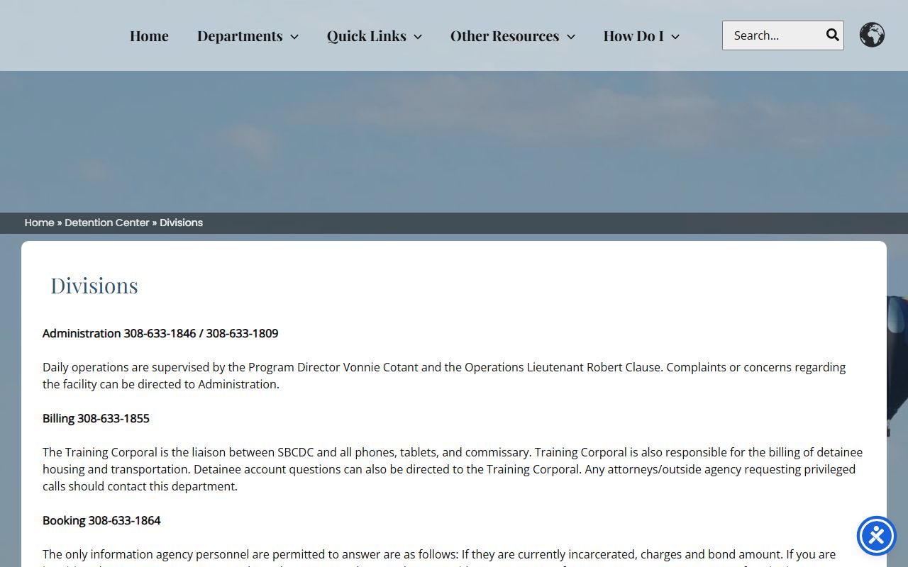 Scotts Bluff County Detention Center booking and classification contacts for inmate records