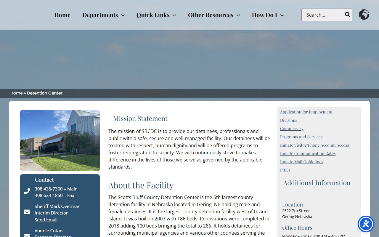 Scotts Bluff County Detention Center inmate lookup facility page for Banner County
